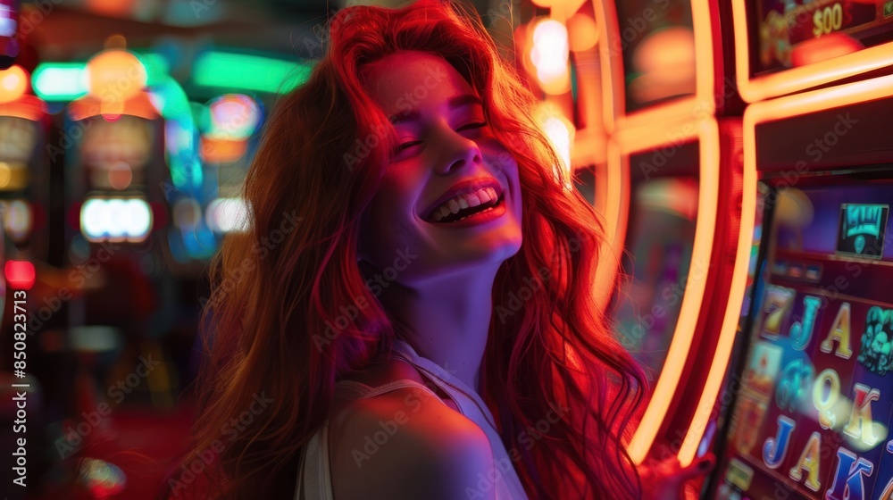 Beautiful girl laughing in a casino, Playing casino slot machines in the night. Beautiful girl laughing in a casino, Playing casino slot machines in the night.
