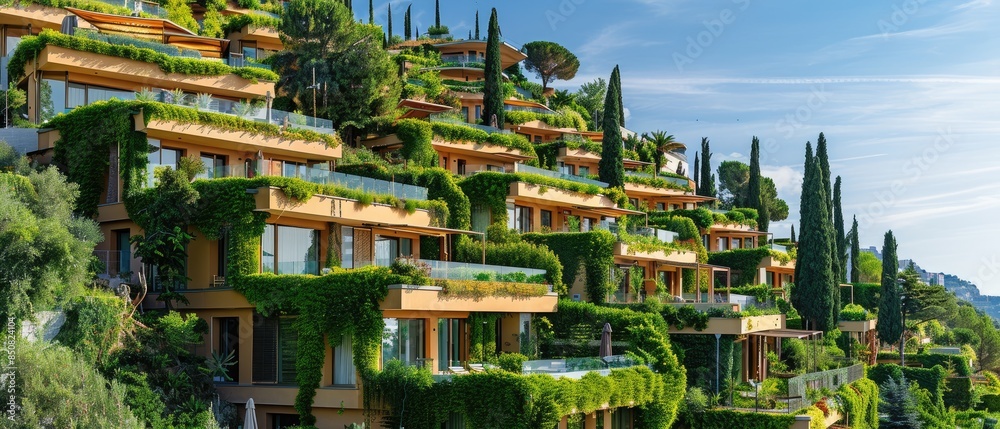 Fototapeta premium Luxurious hillside villas covered in lush greenery, offering breathtaking views and a serene retreat in a beautiful natural setting.