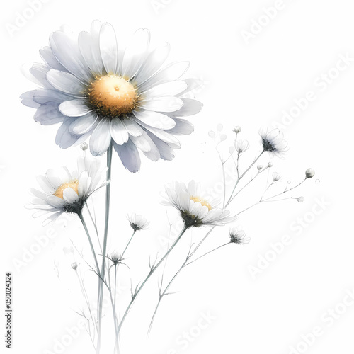 watercolor painting of daisy flower, mum flower, anemone flower, wildflower bouquet on white background photo