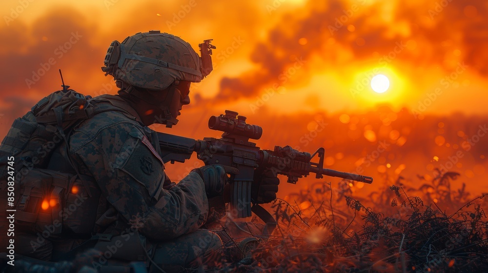 Soldier in Battlefield at Sunset with Rifle Ready for Combat and Smoke in the Background Soldier in Battlefield at Sunset with Rifle Ready for Combat and Smoke in the Background