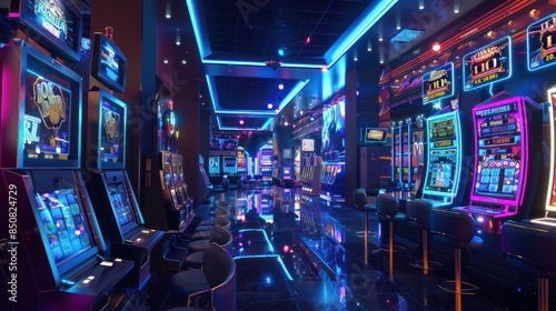 Slot machines in the casino interior with neon lights and game screens showing images of winning money.