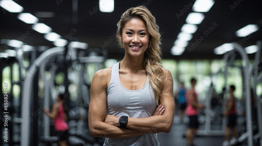 Fototapeta premium Smiling asian woman fitness coach standing in sports club with arms crossed. Active sport life getting fit healthy lifestyle concept. Female personal trainer.
