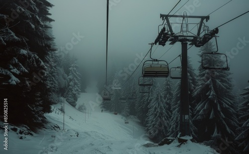 Empty Ski Lift Chairs Against a Snowy, Foggy Forest
