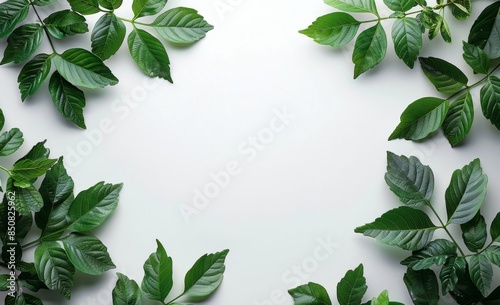 Green Leaves Arranged In A Frame Shape On A White Surface