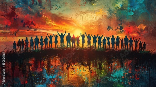 The image shows a group of diverse people standing together in front of a colorful sunset. The people are all raising their arms in joy and celebration. The image is meant to be inspiring and