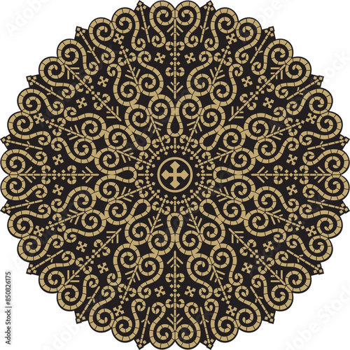 Vector gold and black round Yakut ornament. Endless circle, border, frame of the northern peoples of the Far East.