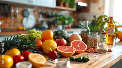 Kitchen scene featuring fresh fruits, vegetables, and dietary supplements, promoting healthy eating habits and new year wellness resolutions.  © forall