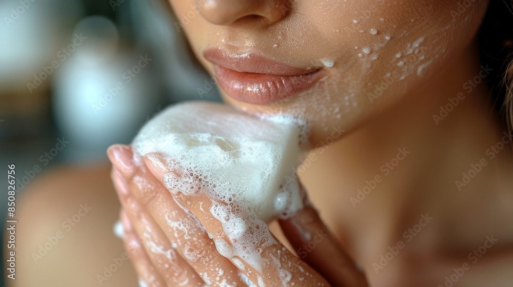 Fototapeta premium Woman Washing Face with Foamy Soap, Close-Up on Skincare Routine