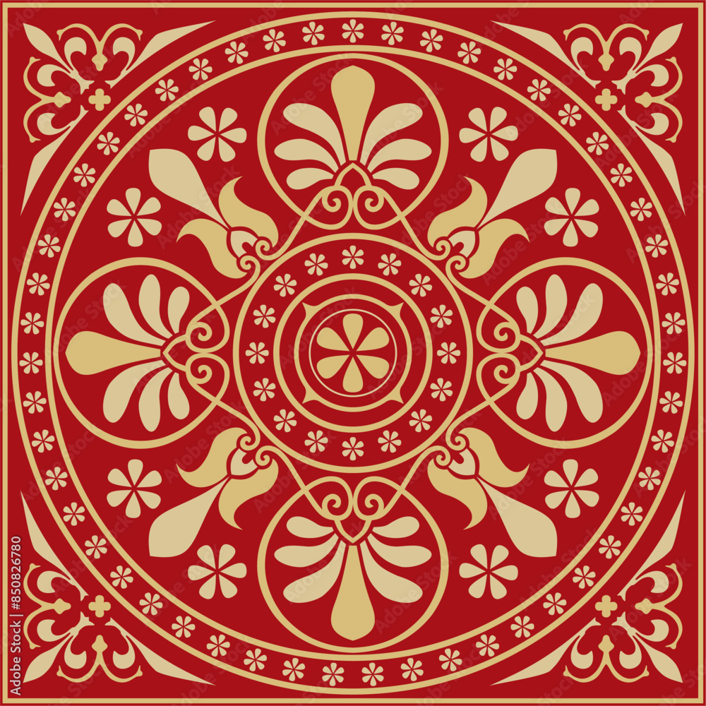 Vector gold with red classic Greek square ornament. Rectangle of Ancient Greece and Roman Empire. Byzantine painting of walls, floors and ceilings. Decoration of European palaces Vector gold with red classic Greek square ornament. Rectangle of Ancient Greece and Roman Empire. Byzantine painting of walls, floors and ceilings. Decoration of European palaces
