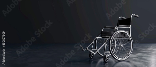 A single wheelchair sits alone on a dark, reflective surface, highlighting themes of solitude and accessibility.