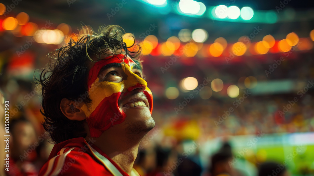 Young sports fan with the spanish flag painted on his face is cheering at a stadium event Young sports fan with the spanish flag painted on his face is cheering at a stadium event