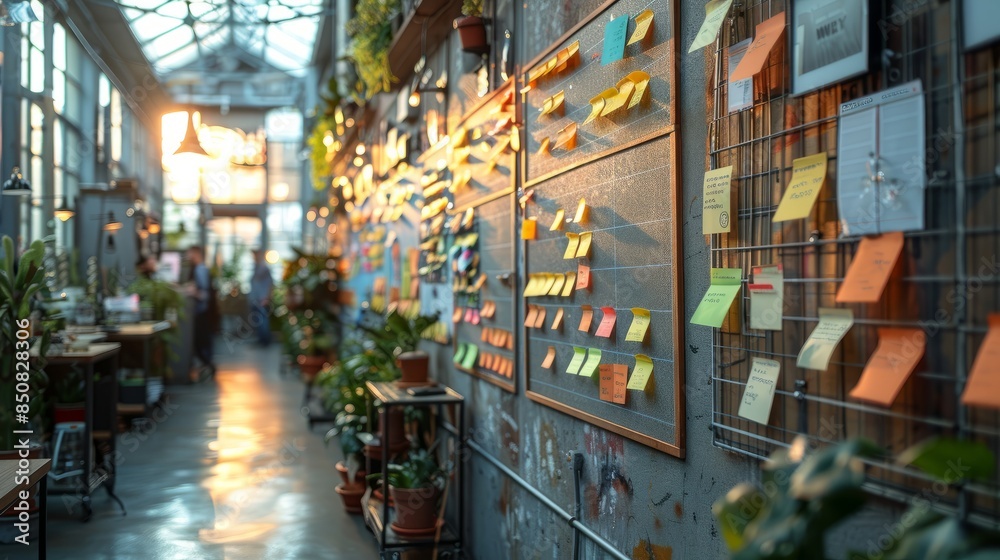 Fototapeta premium A Wall Covered in Colorful Sticky Notes in a Modern Cafe