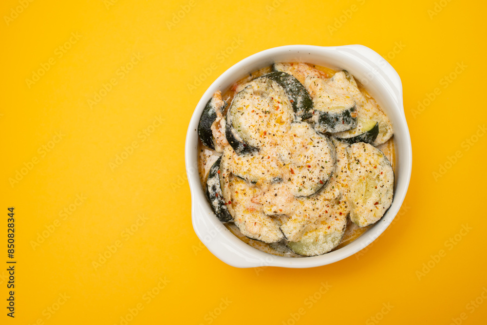 close-up baked zucchini baked with sauce in bowl close-up baked zucchini baked with sauce in bowl
