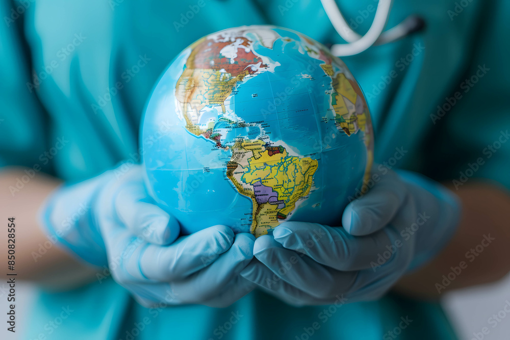Medical tourism and medical hub concept, travel and treatment abroad, gloved doctor hand holding a world globe, representing the global aspect of medical tourism Medical tourism and medical hub concept, travel and treatment abroad, gloved doctor hand holding a world globe, representing the global aspect of medical tourism