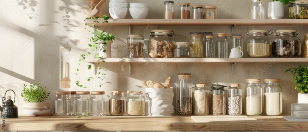 A brightly lit, organized kitchen shelf filled with jars of grains, nuts, and spices, beautifully arranged with hanging plants adding a touch of green. A brightly lit, organized kitchen shelf filled with jars of grains, nuts, and spices, beautifully arranged with hanging plants adding a touch of green.