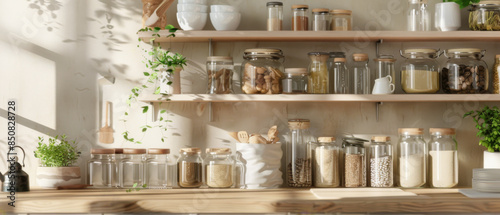 Wallpaper Mural A brightly lit, organized kitchen shelf filled with jars of grains, nuts, and spices, beautifully arranged with hanging plants adding a touch of green. Torontodigital.ca