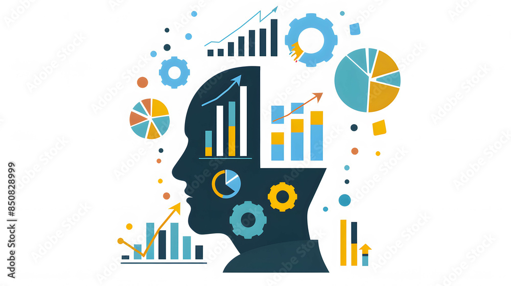 Fototapeta premium Investment and business psychology concept, focus and growth mindset, positive thinking, illustration of human head with chart and graph icon inside