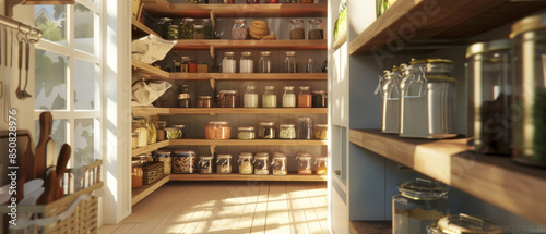 Sunlit pantry room with neatly arranged jars filled with various ingredients on wooden shelves, exuding warmth and homely charm.