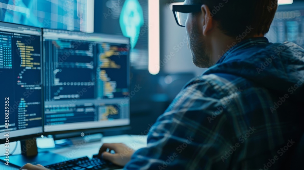 A man is sitting in front of two computer monitors