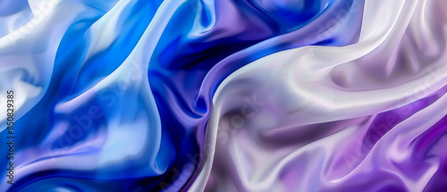 Luxurious fabric in shades of blue, purple, and white, elegantly draped with soft, flowing waves and a lustrous sheen.