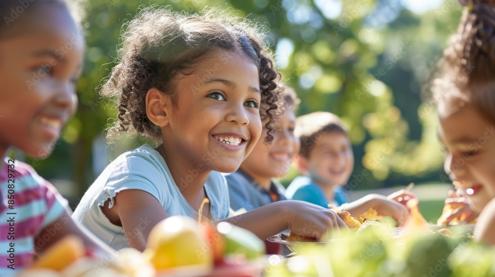 A group of children are sitting together and eating food A group of children are sitting together and eating food