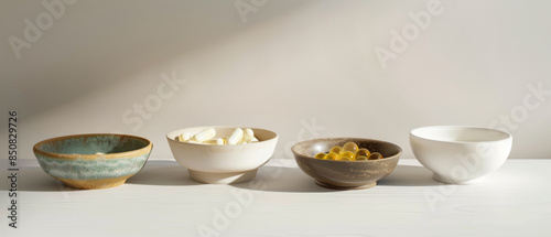 Wallpaper Mural Four ceramic bowls with different contents line up neatly on a white surface, creating a minimalist display of everyday items. Torontodigital.ca