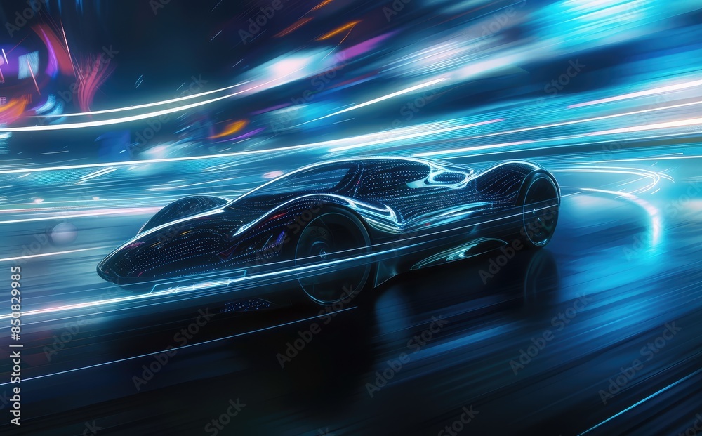 Futuristic Sports Car Speeding in Neon Light Tunnel Futuristic Sports Car Speeding in Neon Light Tunnel