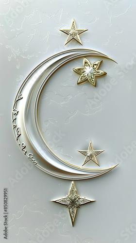 A vector illustration of a crescent moon and star icon with ample copy space on a white background   ideal for representing Islamic themes, religious symbols, and cultural signific photo