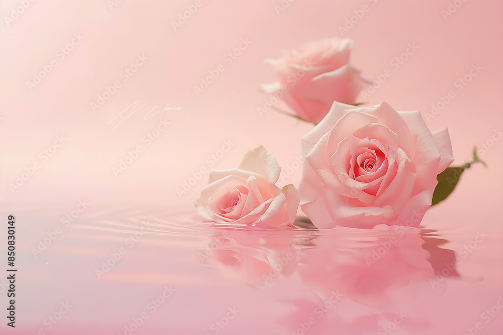 pink rose with water drops, Spring creative layout with pink roses gently floating in water over a pastel pink background pink rose with water drops, Spring creative layout with pink roses gently floating in water over a pastel pink background
