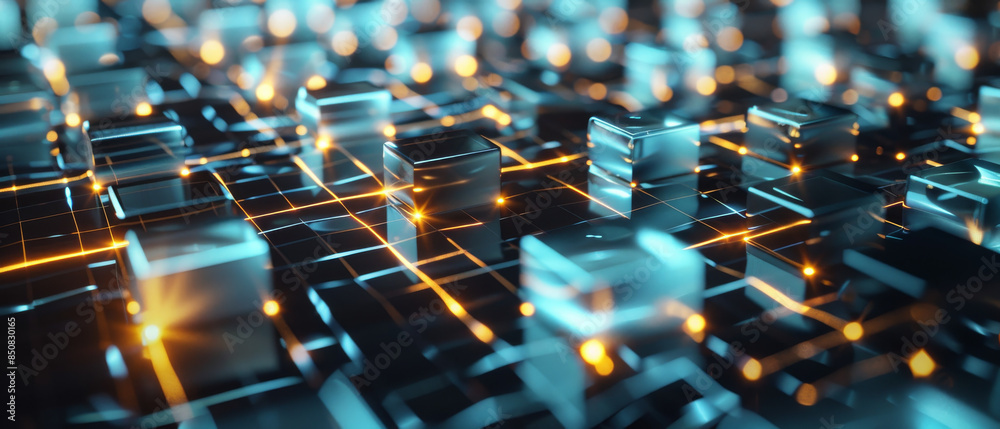 Obraz premium A mesmerizing digital grid of luminous cubes connected by vibrant orange lines, visualizing a futuristic data network glowing in the dark.