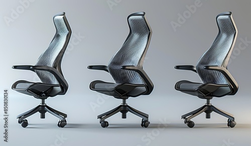 3D product rendering, office chair design with three views of the same style, grey and black colour scheme, plastic material, minimalist background photo