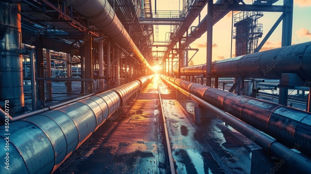 Pipeline and pipe rack of oil industrial plant with sunset sky ...