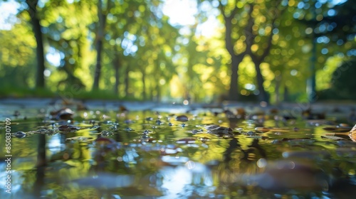 A blurry image of a park with a pond and trees