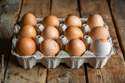 Dozen brown eggs, some speckled, in a paper carton on a weathered wood surface photo