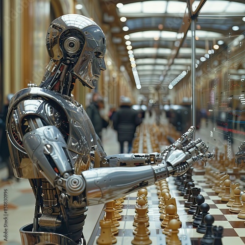 A robot with artificial intelligence plays chess. Hand close-up on a chessboard