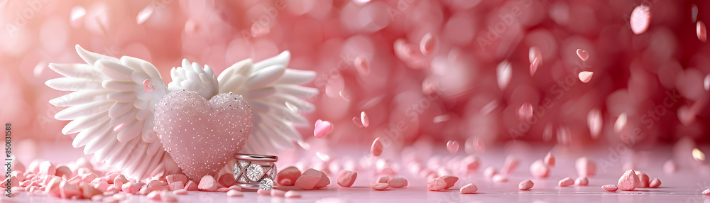 Icon Design: Modern Cupid with Engagement Ring on Pink Background   Romantic Tools and Relationship Guide Concept