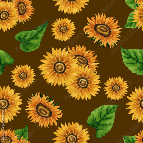 Watercolor sunflower seamless pattern on dark background. Summer floral composition. Autumn flowers arrangement. Floral background with yellow flowers. Hand drawn botanical illustration.