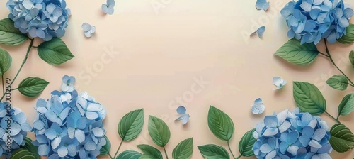 Blue Hydrangea Flowers With Green Leaves on a Tan Background