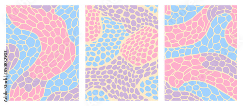 Set of abstract simple reptile print background. Hand drawn pattern, camouflage paint shapes. Pastel colors. Boho style. Home painting vector art. Snake skin patches, trendy texture for cloth, fabric.