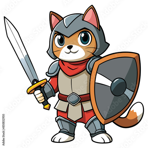 illustration of an anime cat knight in shining armor, holding a sword and shield, with a brave and slightly over-the-top heroic stance