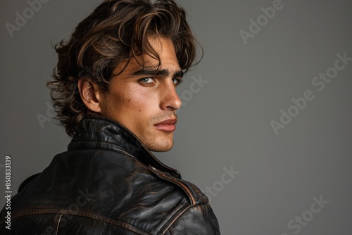 Stylish Man in Leather Jacket Looking Over Shoulder photo