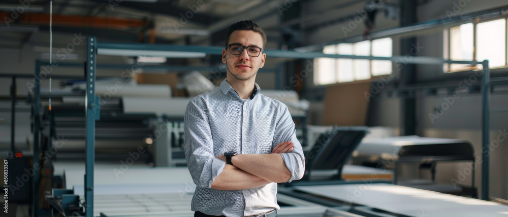 Man standing confidently in a modern industrial setting, arms crossed, showcasing an organized and professional ambiance. Man standing confidently in a modern industrial setting, arms crossed, showcasing an organized and professional ambiance.