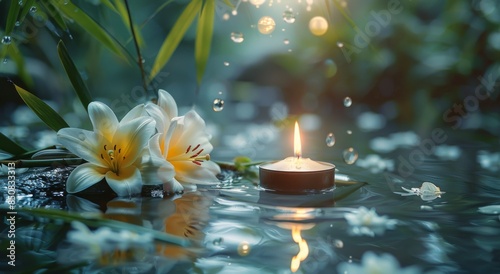 White Lily and Candle Floating in Water With Raindrops