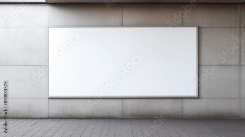 Blank white billboard in a subway station with tiled walls and a gritty, urban atmosphere. Billboard is rectangular and made of white metal and handing on wall. Copy space. Public transport. AIG35.