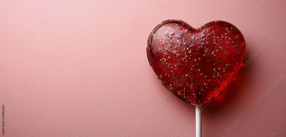 Red Heart-Shaped Lollipop Against Pink Background Red Heart-Shaped Lollipop Against Pink Background