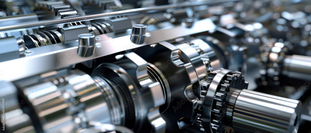 Close-up of intricate, polished gears and mechanisms, showcasing the complexity and precision of modern machinery.