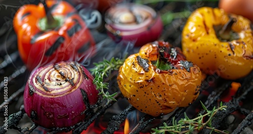 Grilled Bell Peppers and Onions With Smoke on a Charcoal Grill
