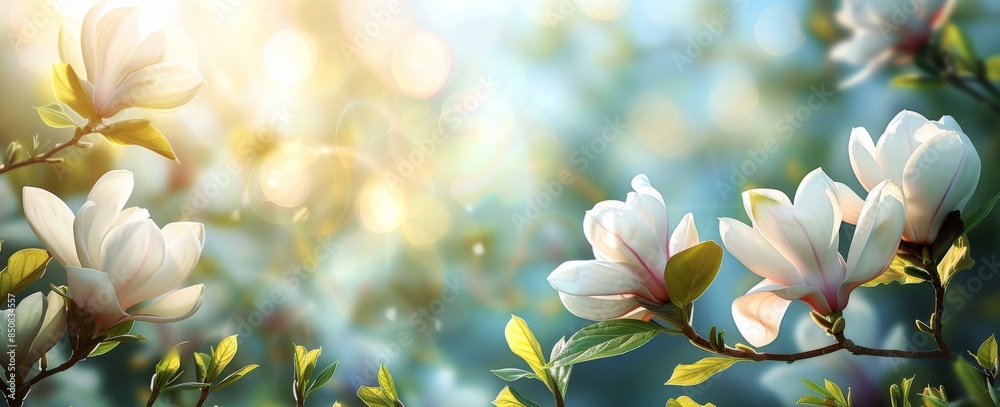 Fototapeta premium White Magnolia Blossoms Blooming in Sunlight on a Spring Day