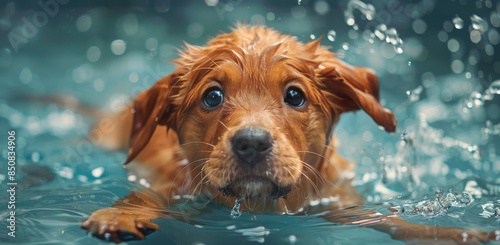 A Golden Puppy Swims in a Pool on a Sunny Day