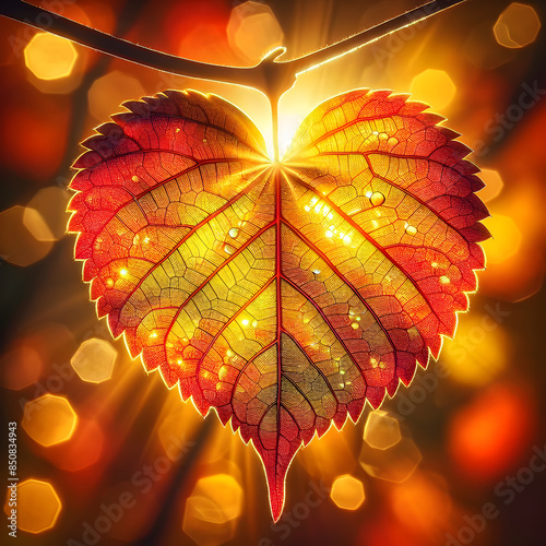 A single heart-shaped autumn leaf with intricate veins is backlit by a warm glowing sunshine photo